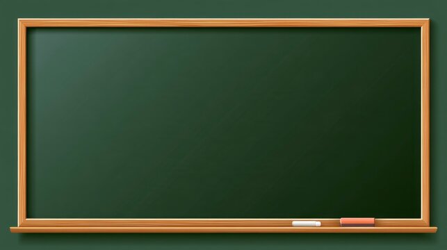 Empty green chalkboard with wooden frame, chalk, and eraser on a classroom wall background