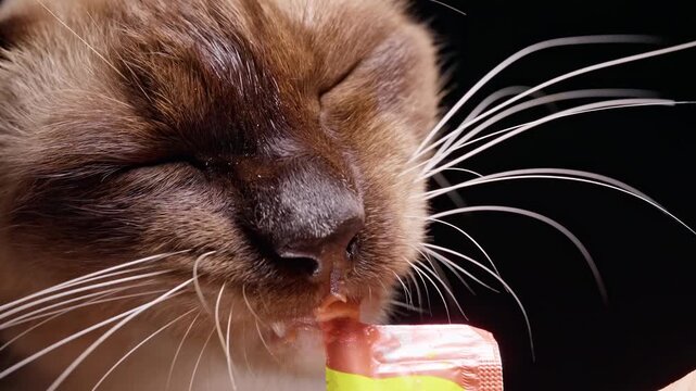 Siamese Cat Licks Creamy Food From a Sachet Against a Black Background, Close View Highlights Pet Feeding and Care