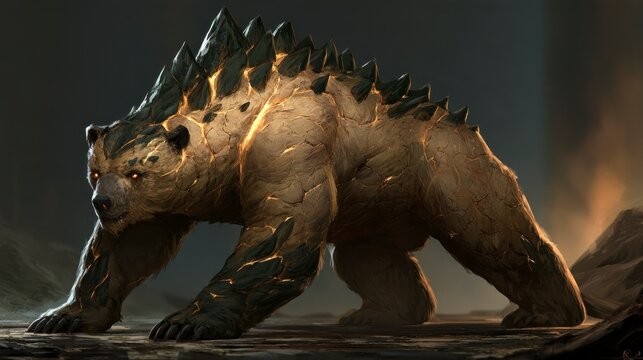 Gigantic Fantasy Earth Elemental Bear Monster with Rocky Spikes and Glowing Magma