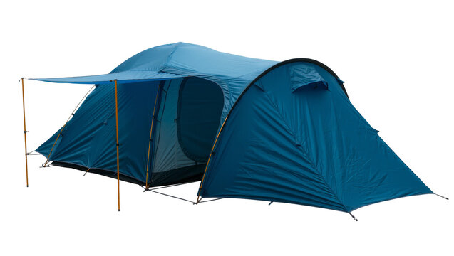 Spacious blue camping tent with awning, isolated on transparent background
