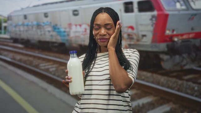 Woman smiling with eyes closed holding milk bottle, hand to cheek beside graffitied train on platform building; urban life contentment.