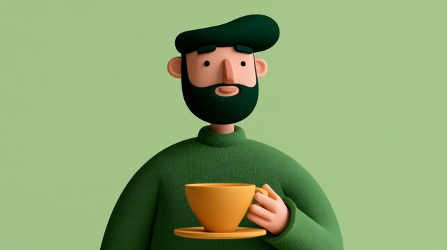 3D Illustration of a Bearded Man in a Green Sweater Holding a Cup of Coffee Against a Green Background