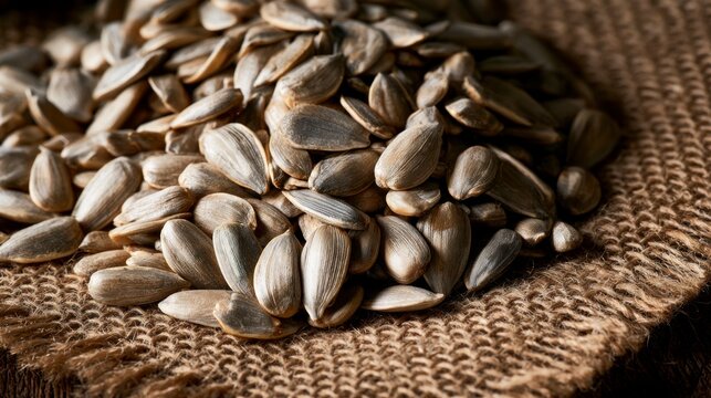 Close-up of dried sunflower seeds in their shells on a rustic burlap background