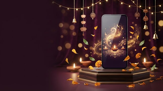 Smartphone mockup standing on a luxury dark podium decorated with festive lights and golden diwali ornaments