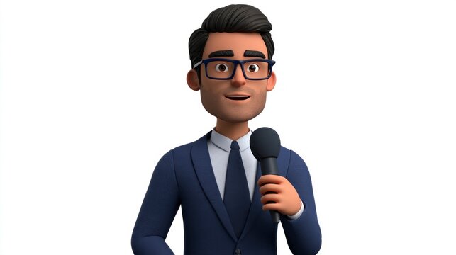 3D Render of a Friendly Male News Reporter or Journalist Character in a Blue Suit Holding a Microphone Isolated on White