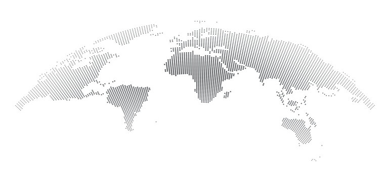 Curved world map silhouette in monochrome gray gradient minimalist flat vector style on white background for corporate business presentation and global demographic reporting