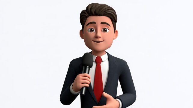 3D cartoon news reporter character holding a microphone and wearing a professional suit, isolated on a white background.