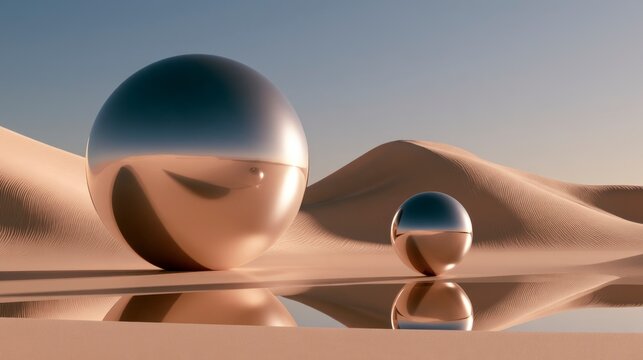 Surreal minimalist landscape featuring giant metallic chrome spheres on sand dunes with water reflection