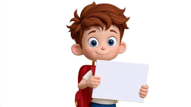 Cute 3D Cartoon Boy with a Red Backpack Holding a Blank White Sign, Isolated on White