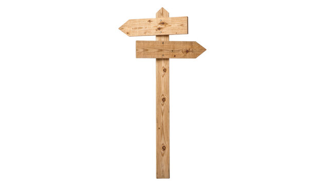 Rustic wooden directional signpost with two arrows, isolated on transparent background
