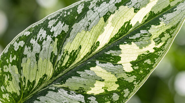 Backlit diagonal macro close-up of translucent variegated Scindapsus leaf showing glowing silver patterns