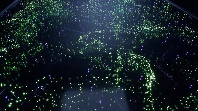 液体パラジウムの深宇宙に黄緑と紫の幾何学光ノードが輝く3Dグラフィック背景