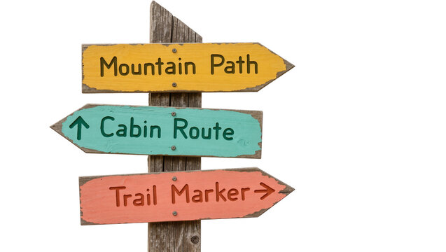 Wooden directional signpost with three painted arrow signs, isolated on transparent background