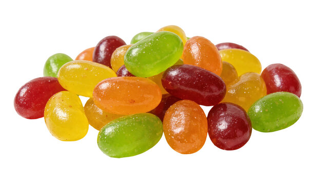 Pile of colorful jelly beans assorted fruit flavors, isolated on transparent background