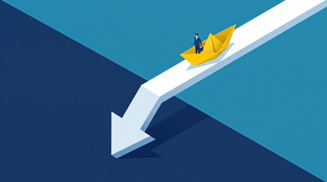 Businessman in a paper boat descending on a downward business trend arrow with financial crisis market crash economic downturn financial decline risk taking business strategy