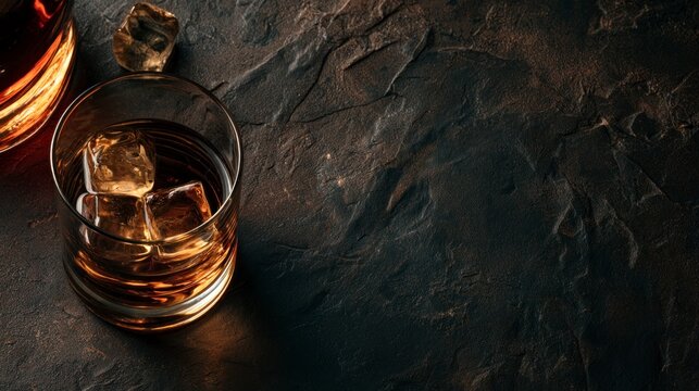 Whiskey with ice cubes in a glass on a dark, textured stone background with copy space