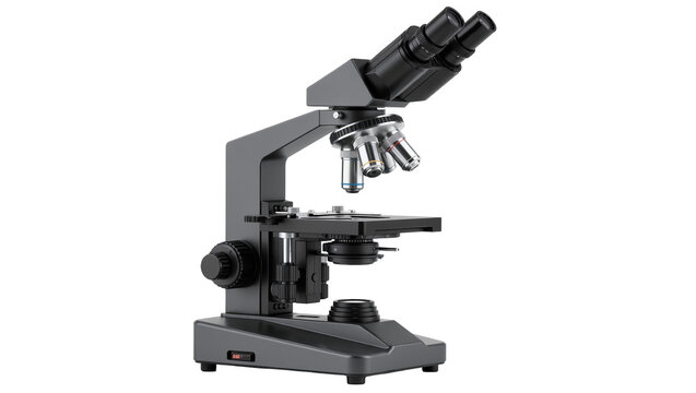 Modern gray compound microscope with dual eyepieces, isolated on transparent background