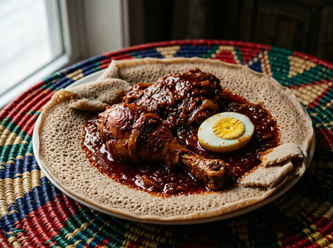 Traditional Ethiopian Doro Wat chicken stew served on injera flatbread with a hard boiled egg.