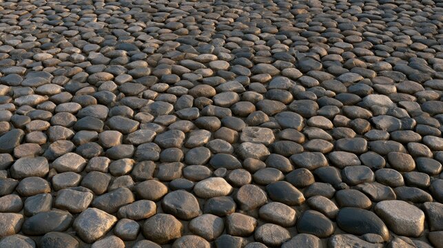 High angle view of a textured cobblestone pavement with smooth rounded river stones in warm evening light