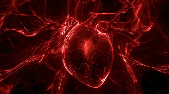 Abstract Digital Visualization of a Human Heart with Luminous Arteries and Veins in Vibrant Red