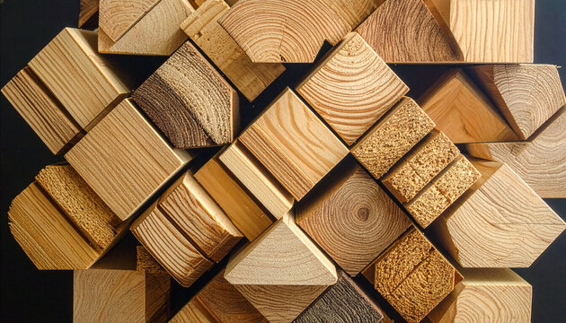 Close up of assorted geometric timber pieces and wooden offcuts piled together creating a unique textured pattern for industrial and woodworking design template