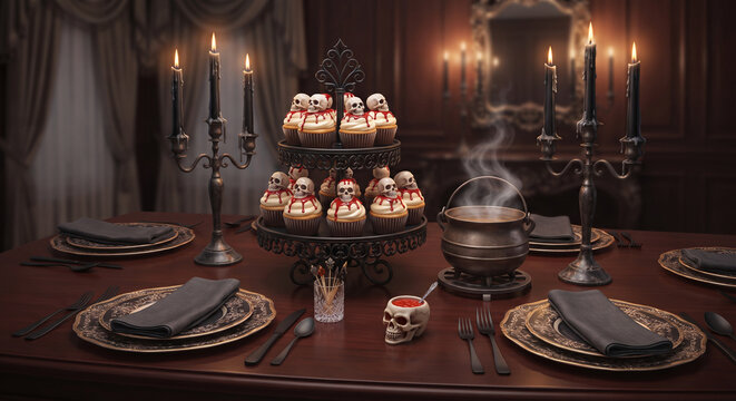 Gothic Halloween table setup with bloody skull cupcakes and antique candelabras