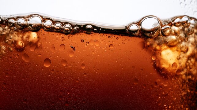 Macro close-up of refreshing cola soda with ice cubes and fizzy gas bubbles