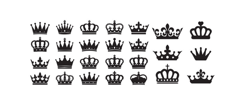 Collection of black crowns on white background for royalty and luxury