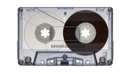 Clear plastic audio cassette tape with dark brown magnetic ribbon, isolated on transparent background © Cian