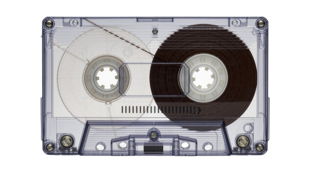 Clear plastic audio cassette tape with dark brown magnetic ribbon, isolated on transparent background
