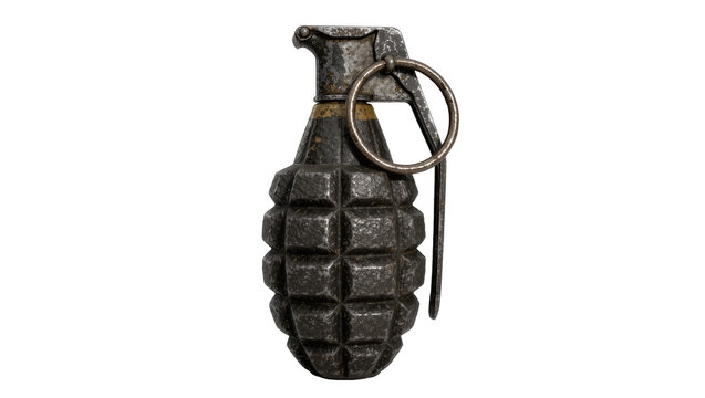 Antique metal fragmentation grenade with pull ring, isolated on transparent background