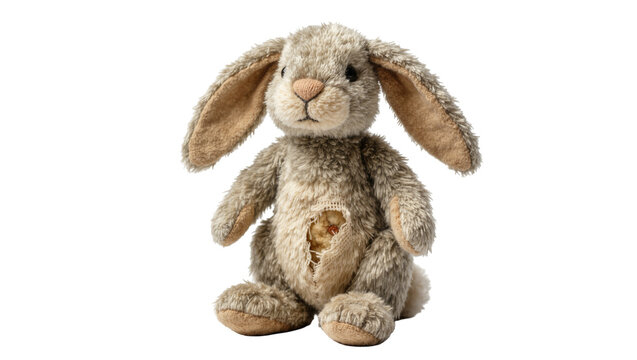 Fluffy grey plush bunny toy with torn belly showing stuffing, isolated on transparent background
