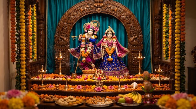 Opulent Traditional Radha Krishna Murti Altar Decoration