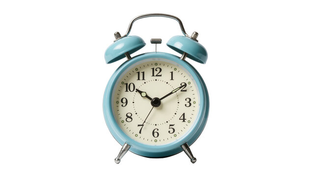 Retro blue twin-bell alarm clock with metal handle, isolated on transparent background