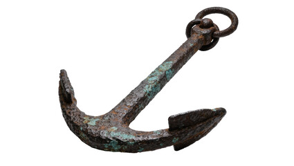 Rusty weathered metal anchor with verdigris patina, isolated on transparent background © Cian