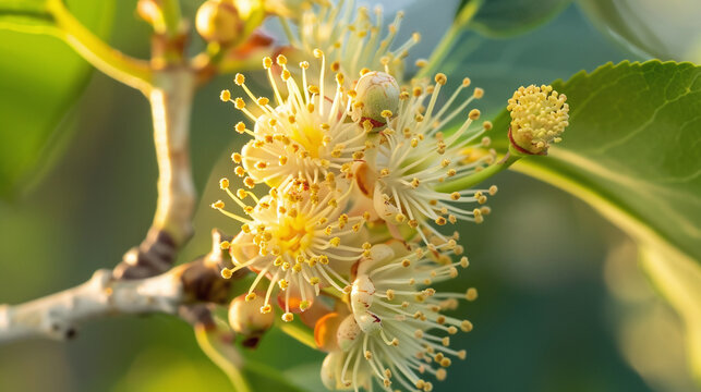 Close up view of a Buttonwood blossom Conocarpus erectus showing intricate yellow stamens and delicate petals illuminated by warm sunlight in a peaceful natural environment during the bright spring se