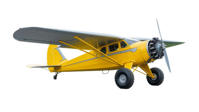 Yellow vintage propeller airplane with large wheels, isolated on transparent background
