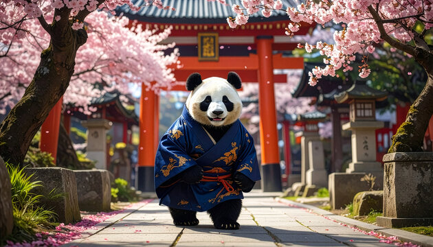 Cute giant panda character wearing a traditional blue Japanese kimono standing in a beautiful shrine garden surrounded by blooming pink cherry blossom trees