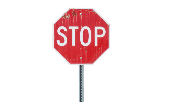 Weathered red octagonal stop sign with white lettering, isolated on transparent background