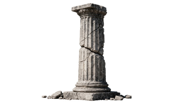 Cracked ancient stone column with ornate capital, isolated on transparent background