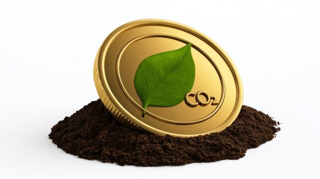 Gold Carbon Credit Coin with Green Leaf on Soil, Representing Sustainable Finance and Environmental Investment