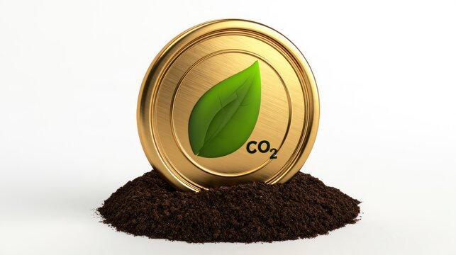Gold Coin with Green Leaf and CO2 Text on Soil Pile Symbolizing Carbon Credits and Green Economy Investment