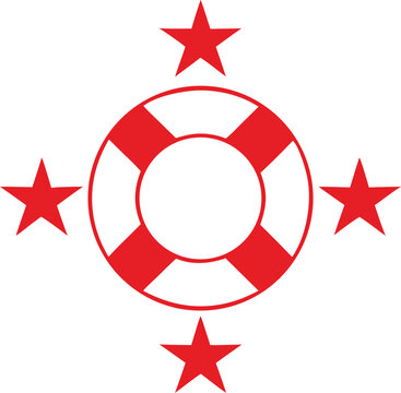 Red lifebuoy and stars, marine safety object, nautical emblem, ocean rescue symbol.