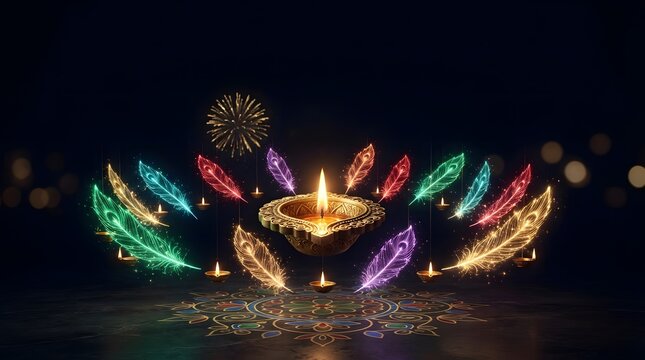 Beautiful glowing oil lamps with colorful decorative feathers arranged for the diwali festival of lights celebration