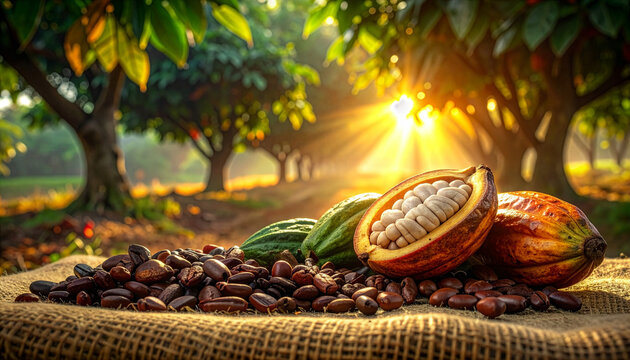 Fresh raw cocoa pods with white beans inside and a pile of dried aromatic cacao seeds with a burlap sack on a rustic cloth surface during harvest time