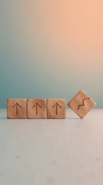 Three clay tiles with matching up arrows in a row beside a fourth cracked tile, symbolizing broken consistency, quality control failure and standard deviation concept