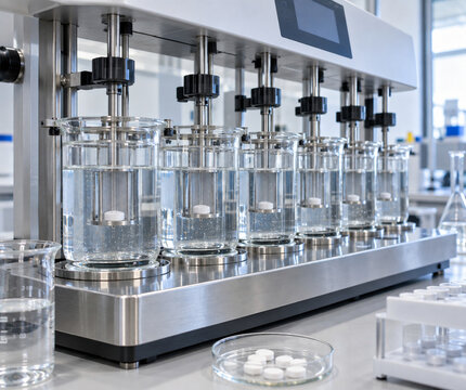 Pharmaceutical tablet dissolution testing apparatus in laboratory