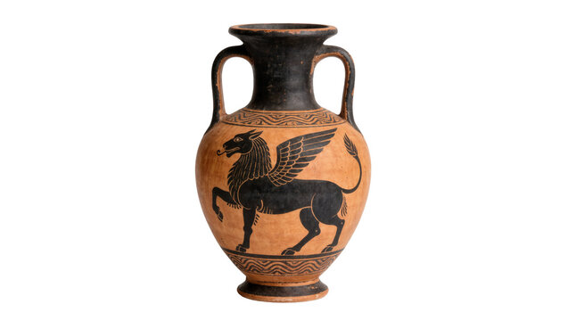 Ancient Greek amphora with black winged griffin motif, isolated on transparent background