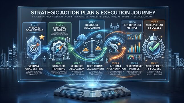 Strategic action plan and execution journey visualized as a futuristic infographic with seven steps business concept and city skyline background
