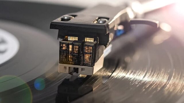 Miniature apartment building stylus playing vintage vinyl record.